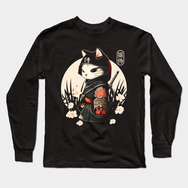 Samurai Cat Tattoo, Kawaii Ninja Cat Long Sleeve T-Shirt by Apocatnipse Meow